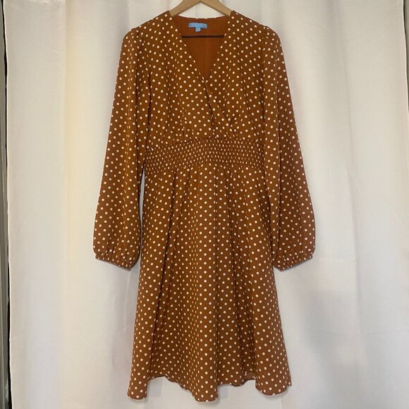 Draper James RSVP Caramel Brown Polka Dot A-Line Dress Womens L Long Sleeve EUC - Picture 1 of 8